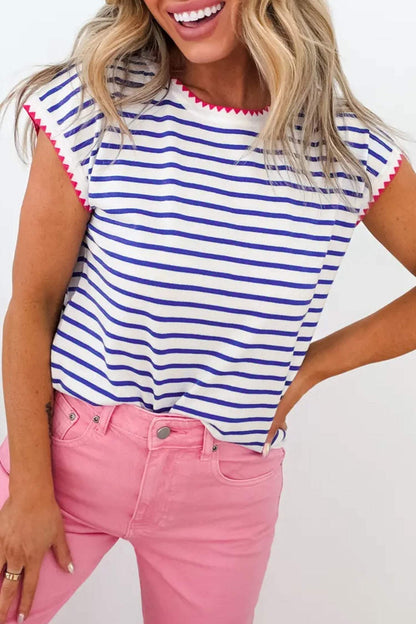 Blue Stripe Contrast Trim Round Neck Cap Sleeve Tee