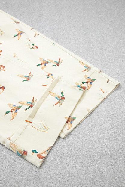 Beige Stylish Mallard Printed Cuffed Hem Shift Jeans