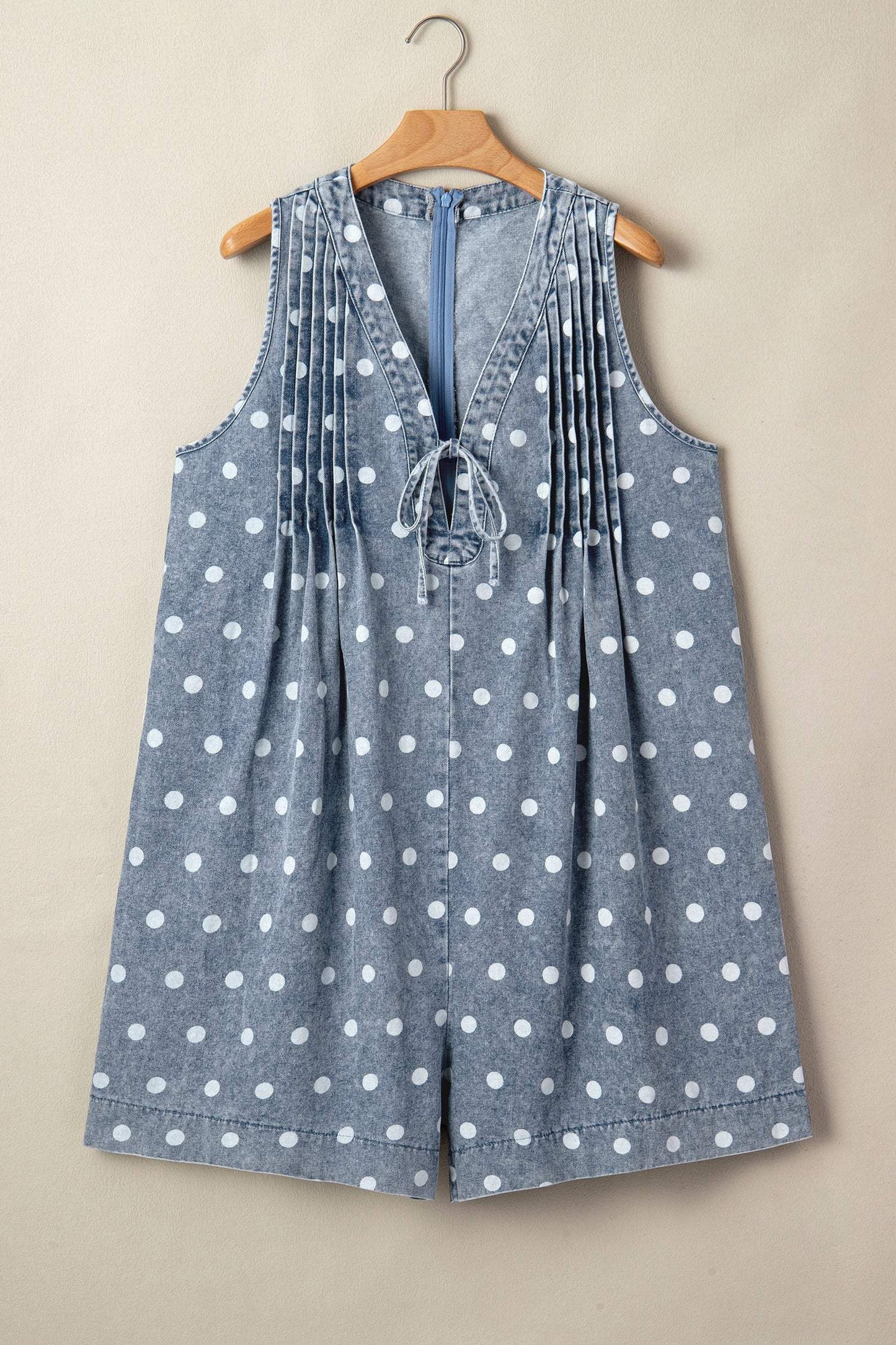 Sky Blue Polka Dot Print Tie V Neck Pleated Loose Denim Romper
