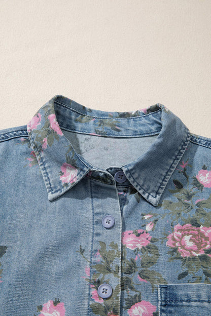 Blue Bracelet Sleeve Floral Denim Shirt