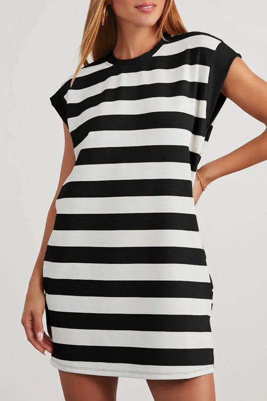 Black Stripe Cap Sleeve Shift T Shirt Dress - Sweet Fashion Wholesale