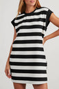Black Stripe Cap Sleeve Shift T Shirt Dress - Sweet Fashion Wholesale