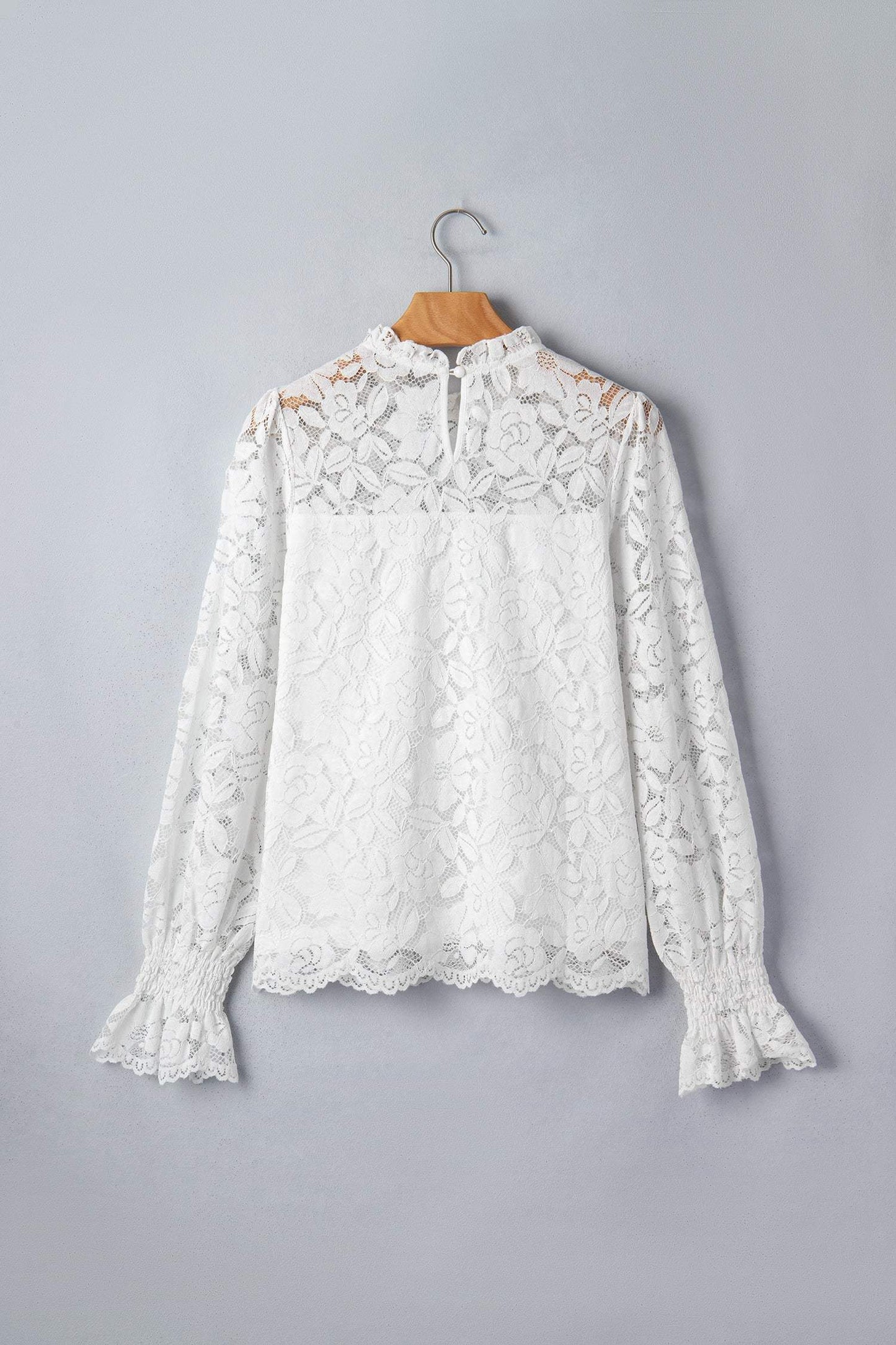 White Ruffled Round Neck Long Flounce Sleeve Sheer Lace Blouse