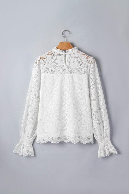White Ruffled Round Neck Long Flounce Sleeve Sheer Lace Blouse