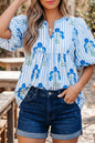 Sky Blue Floral Print Tie Neck Puff Sleeve Blouse