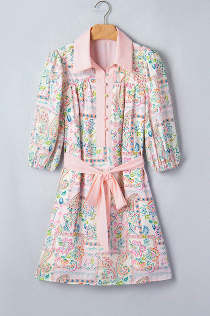 Pink Boho Floral Print Color Block Trim Half Button Belted Mini Dress