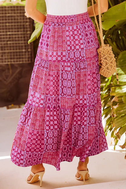Orange Tiered Paisley Print Pocketed Maxi Skirt - Sweet Fashion Wholesale