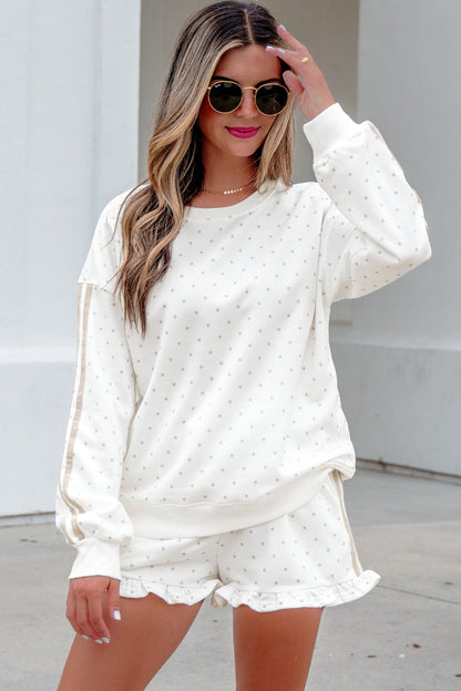 White Polka Dot Print Side Stripe Detail Casual Sweatshirt 2pcs Short Set