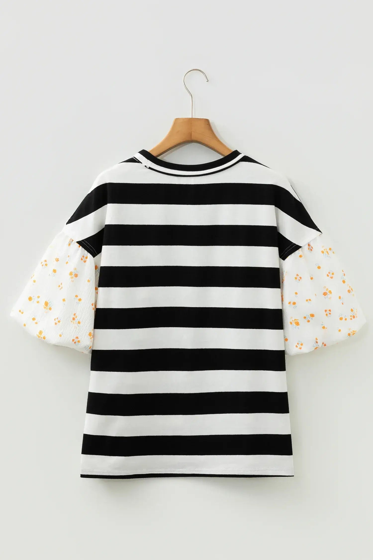 Black Stripe Floral Print Puff Sleeve Patchwork Blouse - Sweet Fashion Wholesale