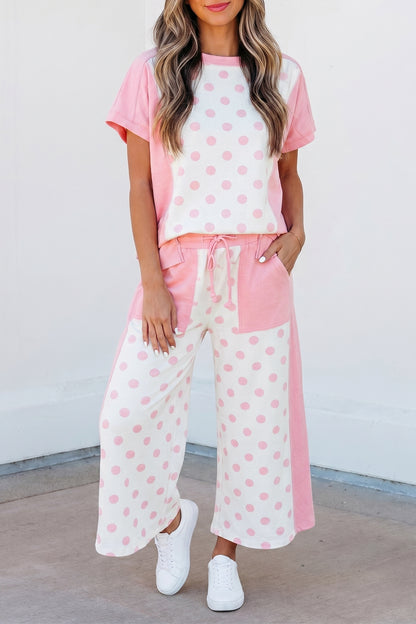 Pink Color Block Patchwork Polka Dot Wide Leg Pant Set