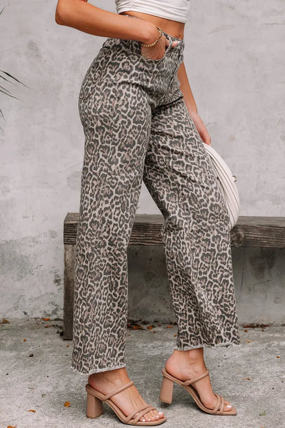 Gray Leopard Frayed Edge Wide Leg High Waist Jeans - Sweet Fashion Wholesale