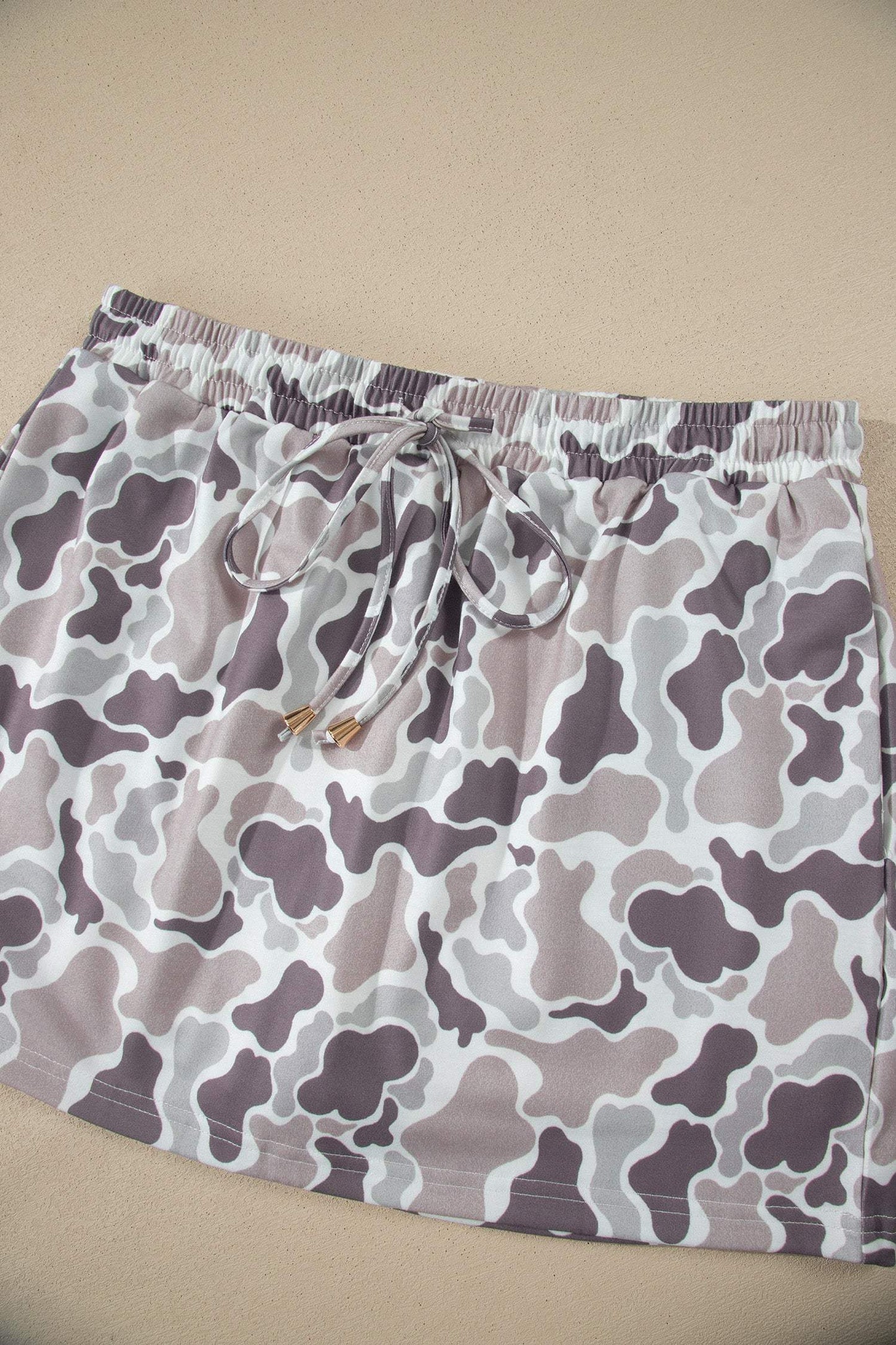 Khaki Abstract Camo Elastic Waist Drawstring Mini Skort
