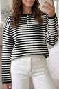 Green Stripe Striped Button Placket Drop Shoulder Long Sleeve Sweater