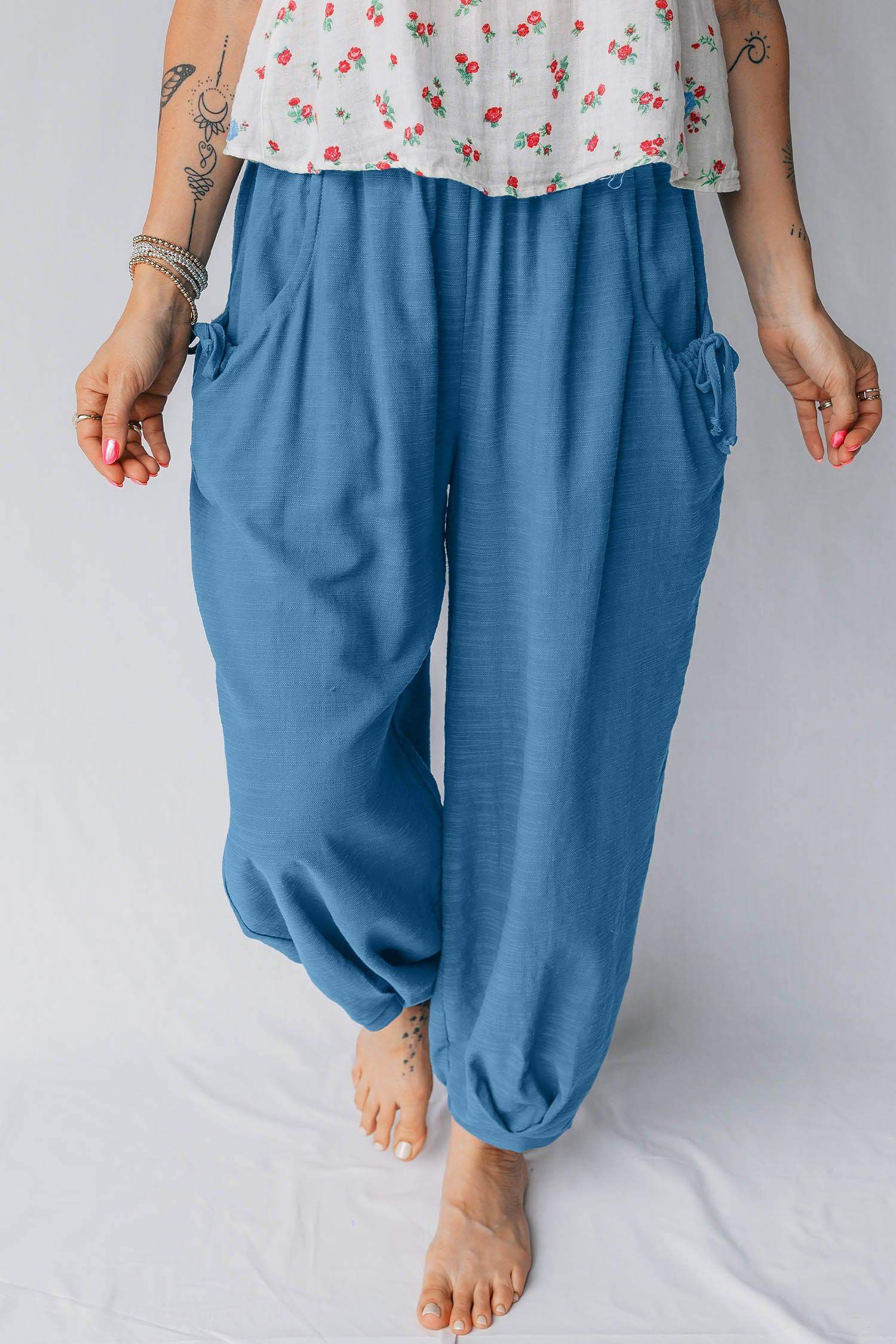 Prussian Blue Smocked Waist Casual Jogger Style Pants - Sweet Fashion Wholesale