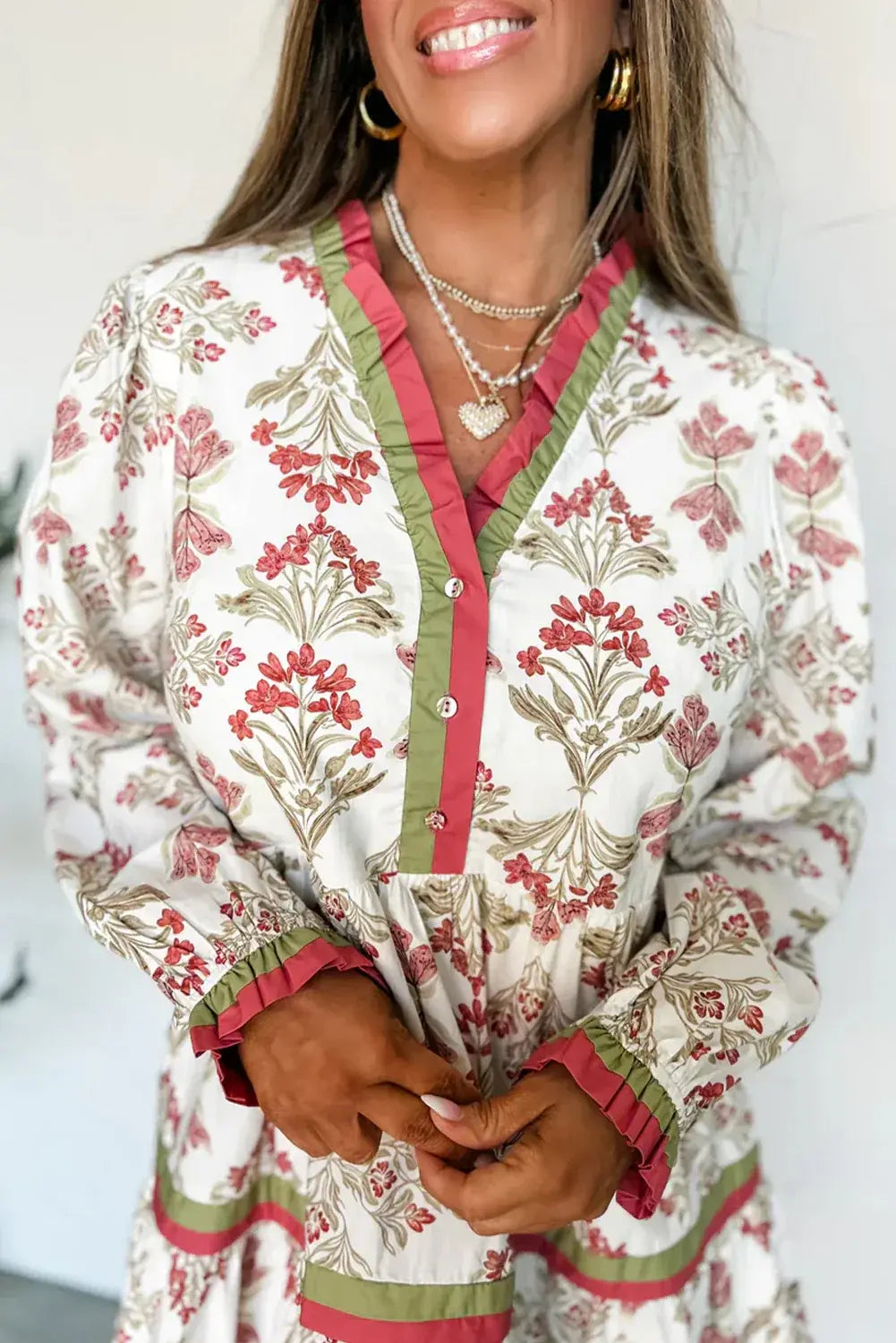 Pink Floral Print Contrast Trim Frilled Neck Long Sleeve Flared Dress - Sweet Fashion Wholesale