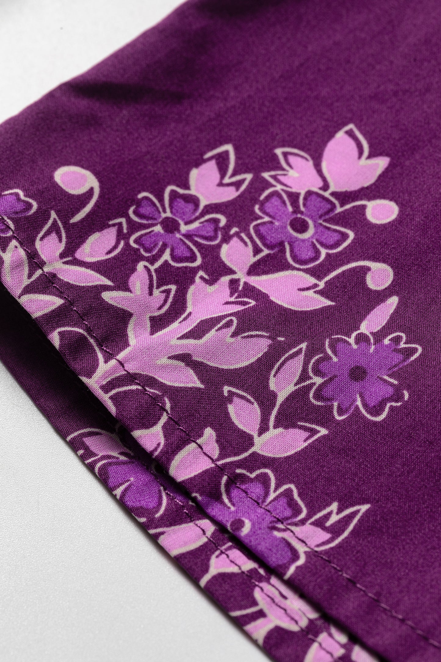 Purple Floral Print Button Front Long Sleeve Round Neck Casual Shift Top