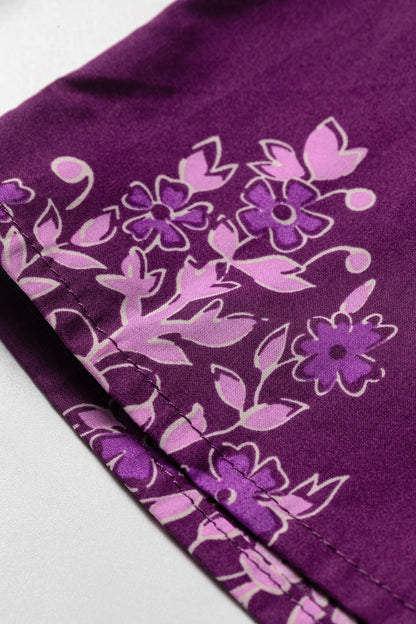 Purple Floral Print Button Front Long Sleeve Round Neck Casual Shift Top