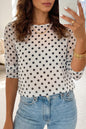 Black Polka Dot Sheer Mesh Long Sleeve Round Neck Shift Blouse