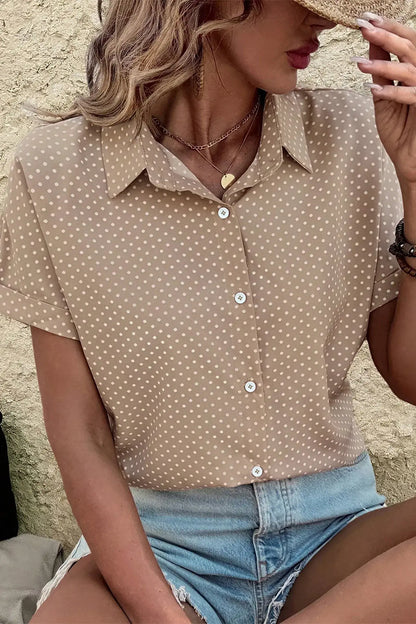 Khaki Dotted Print Cuffed Short Sleeve Shirt - Sweet Fashion Wholesale