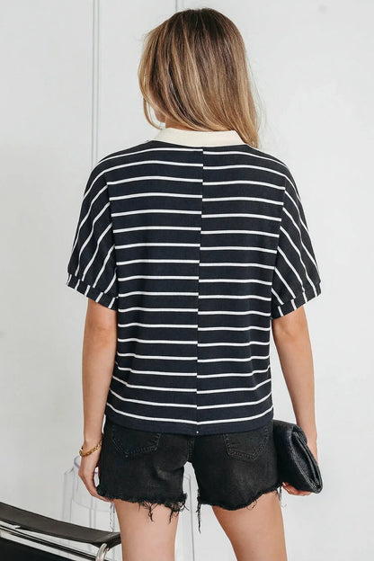 White Stripe Stand Collar V Neck Elastic Cuffs Half Sleeve Dolman Top - Sweet Fashion Wholesale