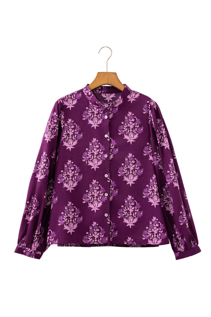 Purple Floral Print Button Front Long Sleeve Round Neck Casual Shift Top