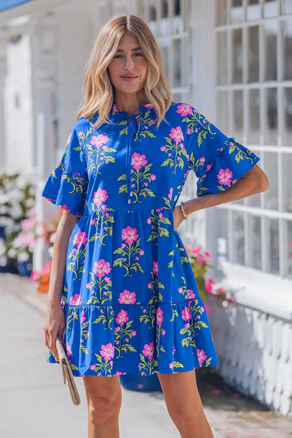 Blue V Neck Short Sleeve Loose Flower Dress - Sweet Fashion Wholesale