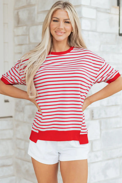 Red Stripe Drop Shoulder Half Sleeve T Shirt - Sweet Fashion Wholesale