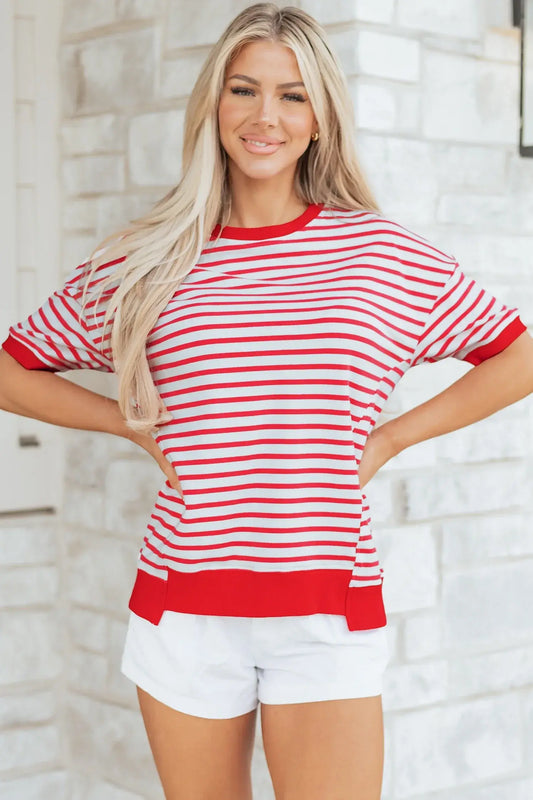 Red Stripe Drop Shoulder Half Sleeve T Shirt - Sweet Fashion Wholesale