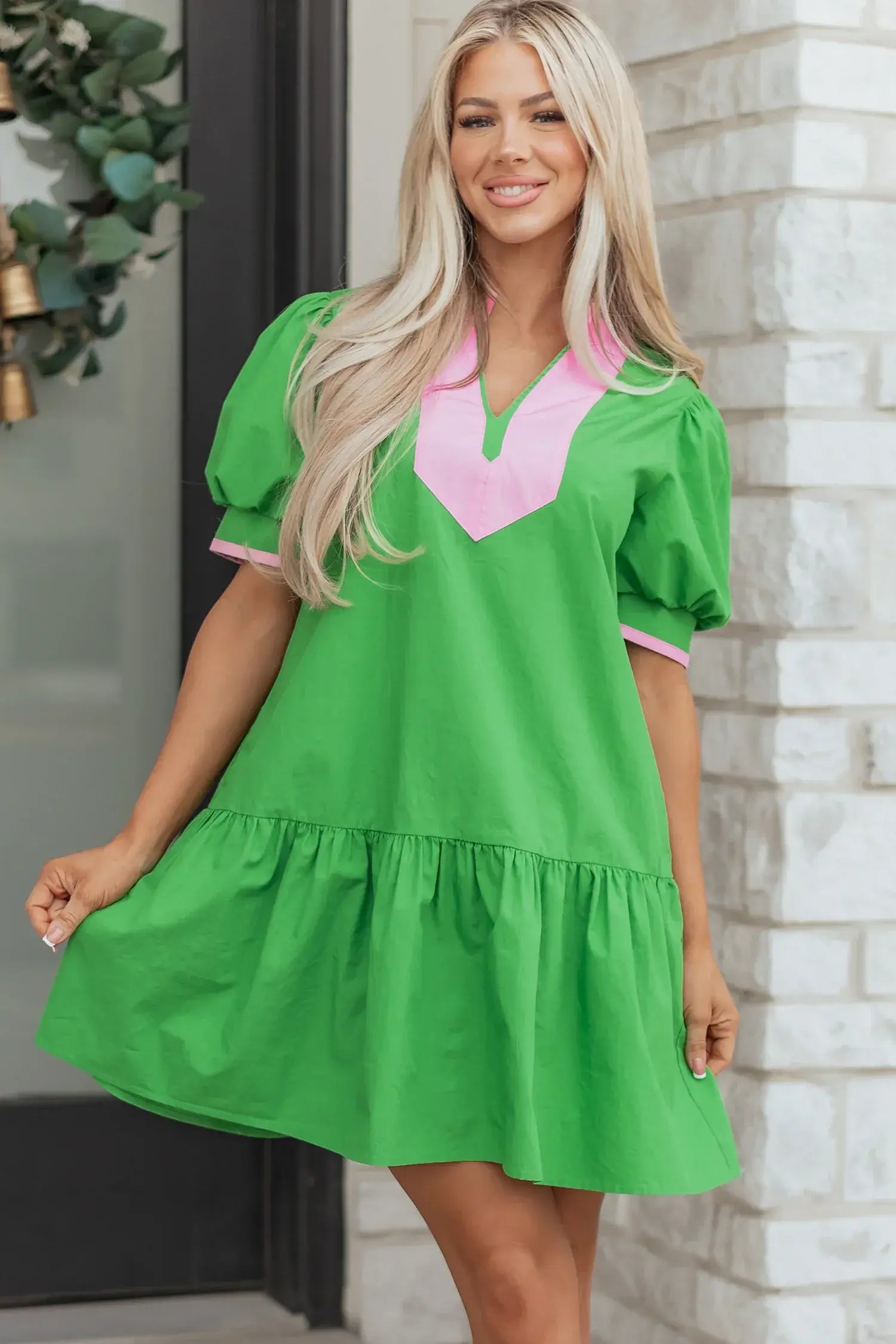 Bright Green Color Block Detail Split Neck Short Puff Sleeve Ruffle Hem Mini Dress - Sweet Fashion Wholesale