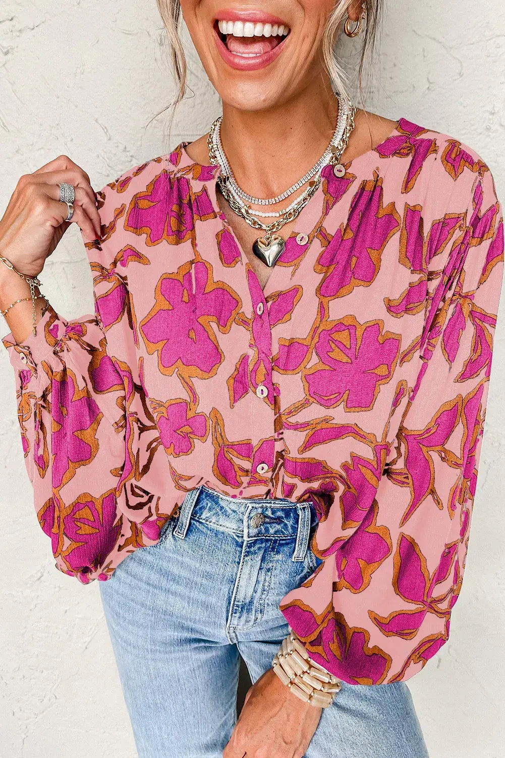 Gray Morn Floral Print Batwing Sleeve Buttoned Loose Fit Shirt - Sweet Fashion Wholesale