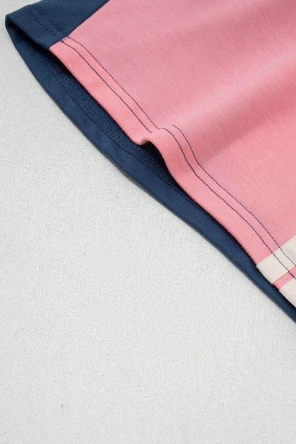 Pink Color Block Patchwork Varsity Striped Detail Drawstring Elastic Waist Shorts - Sweet Fashion Wholesale