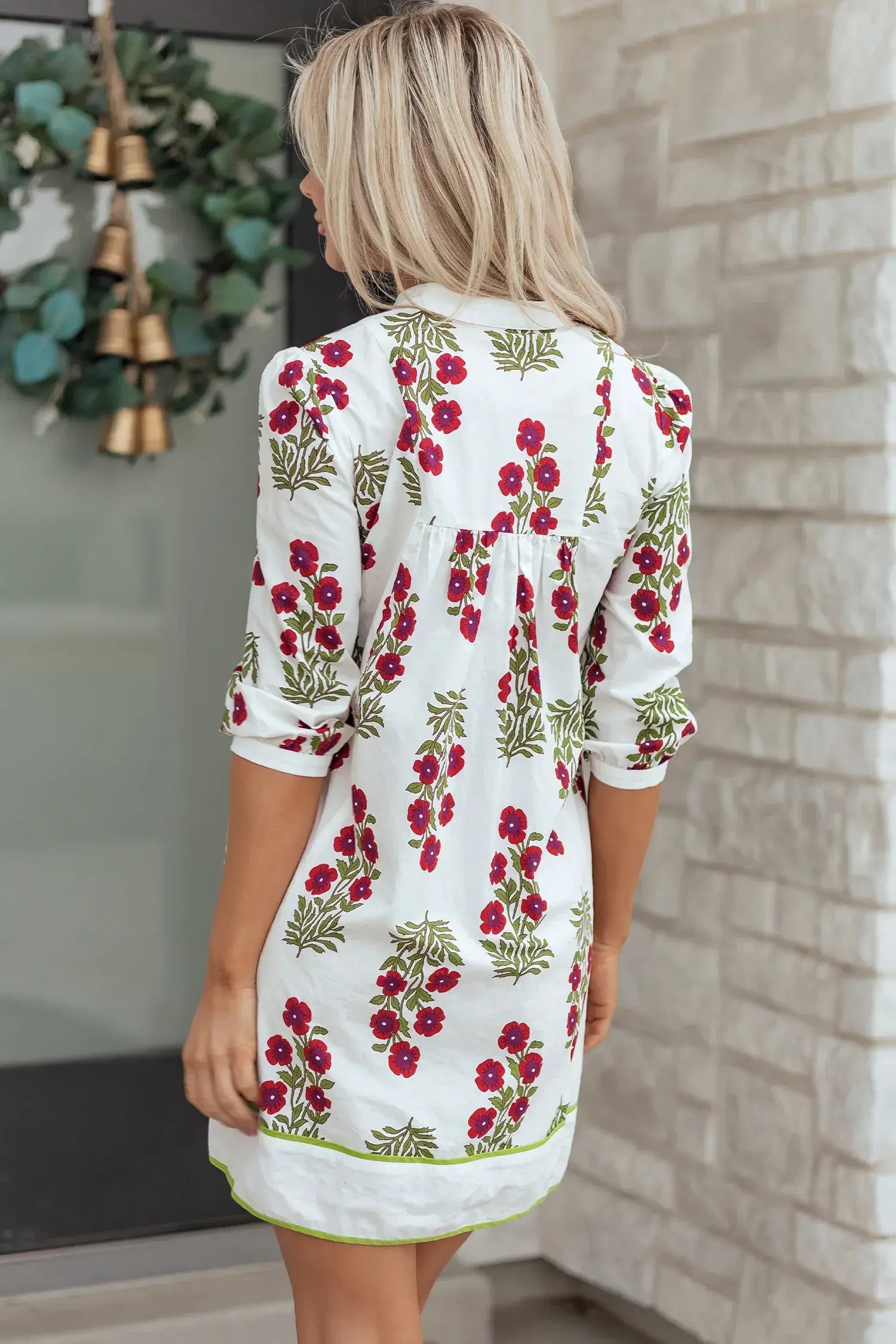 White Frilled V Neck 3/4 Sleeve Loose Floral Dress - Sweet Fashion Wholesale