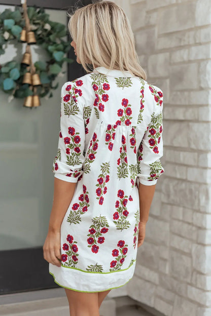 White Frilled V Neck 3/4 Sleeve Loose Floral Dress - Sweet Fashion Wholesale