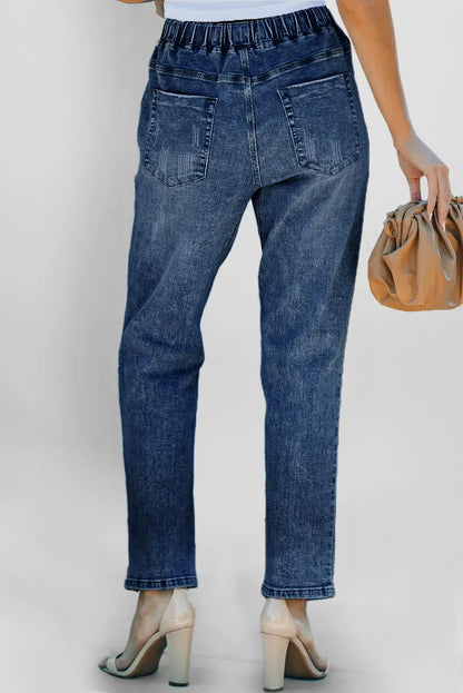Dark Blue Gather Round Distressed Pocketed Denim Jogger - Sweet Fashion Wholesale
