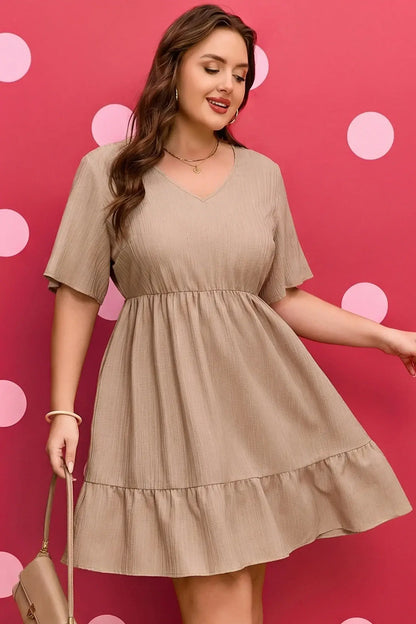 Dark Khaki Plus Size Textured Ruffled Short Sleeve Dress