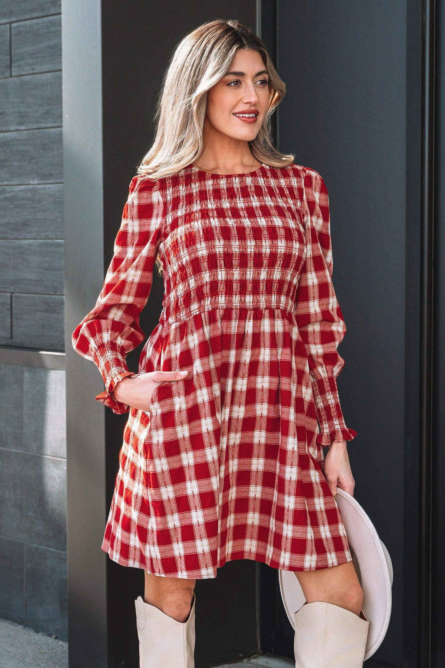 Red Plaid Print Smocked Puff Sleeve Mini Dress - Sweet Fashion Wholesale