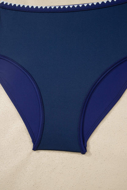 Dark Blue Shell Stitched Trim V Neck Textured Mix and Match High Waist Bikinis