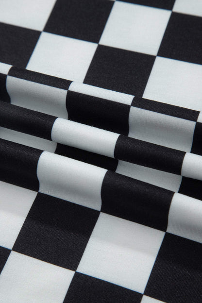 Black Checkered Print Color Block Trim Mock Neck Short Set