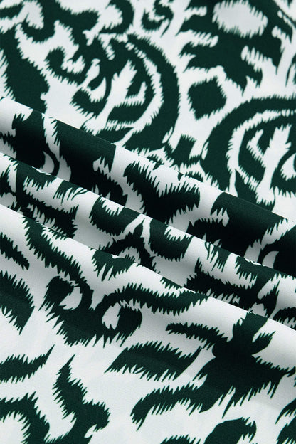 Green Damask Print Ruffled Color Block Detail Half Sleeve Blouse