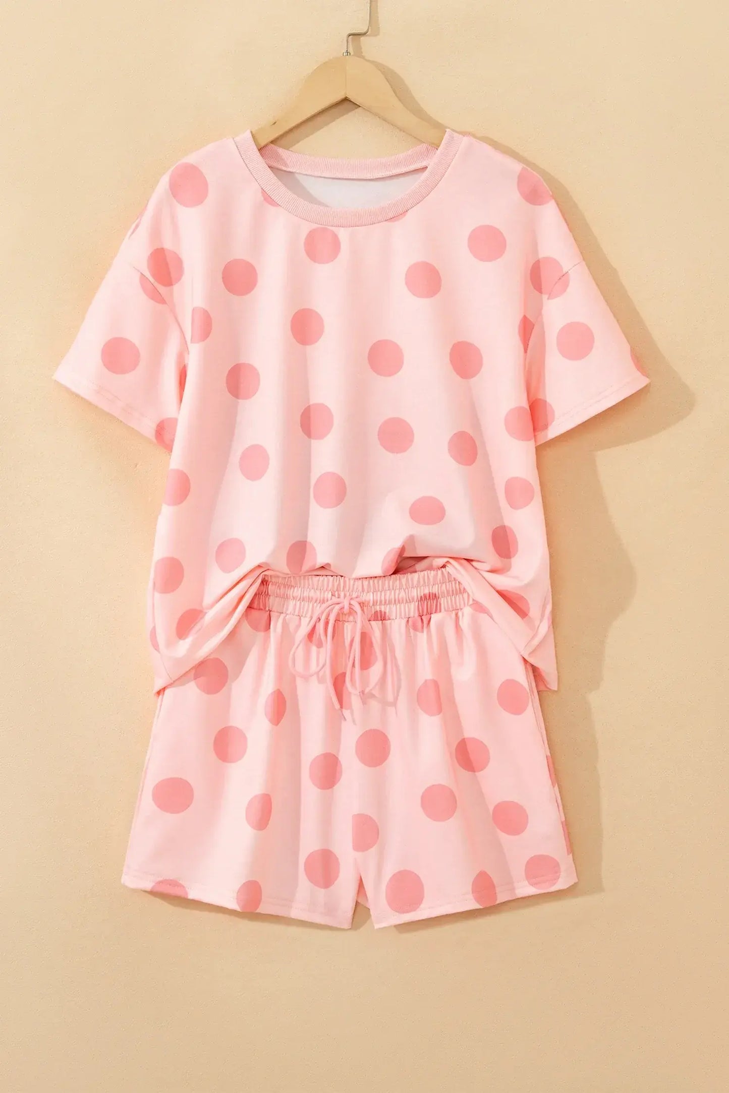 Pink Polka Dot Print Loose Tee Drawstring Elastic Waist Short Set - Sweet Fashion Wholesale