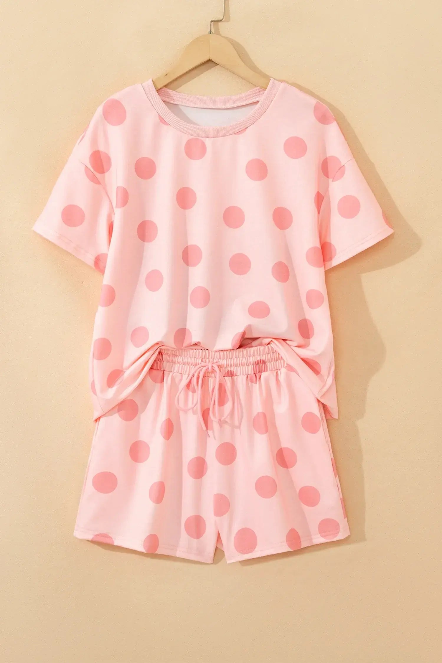 Pink Polka Dot Print Loose Tee Drawstring Elastic Waist Short Set - Sweet Fashion Wholesale