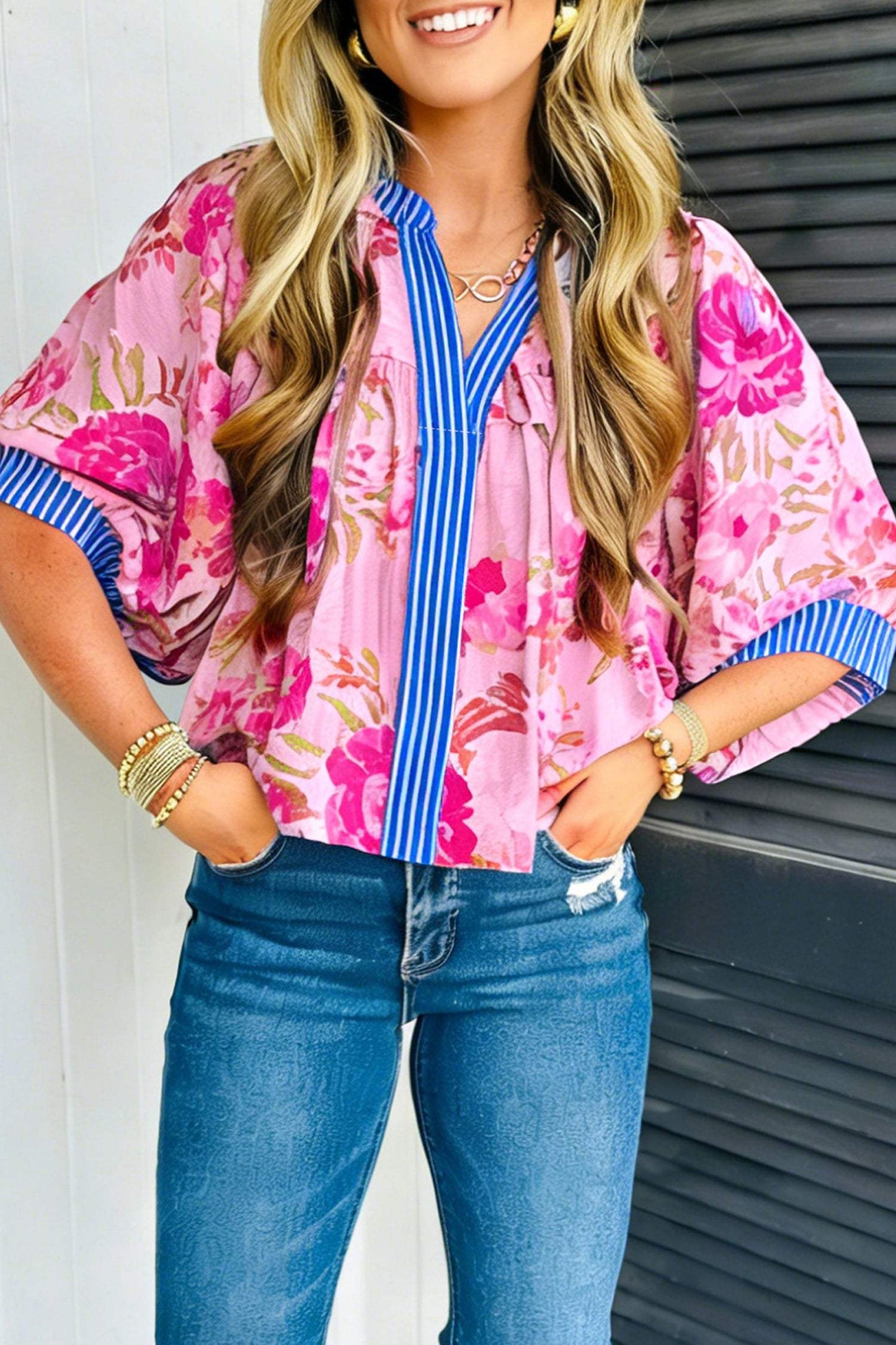 Multicolour Floral Half Sleeve Striped Trim V Neck Blouse