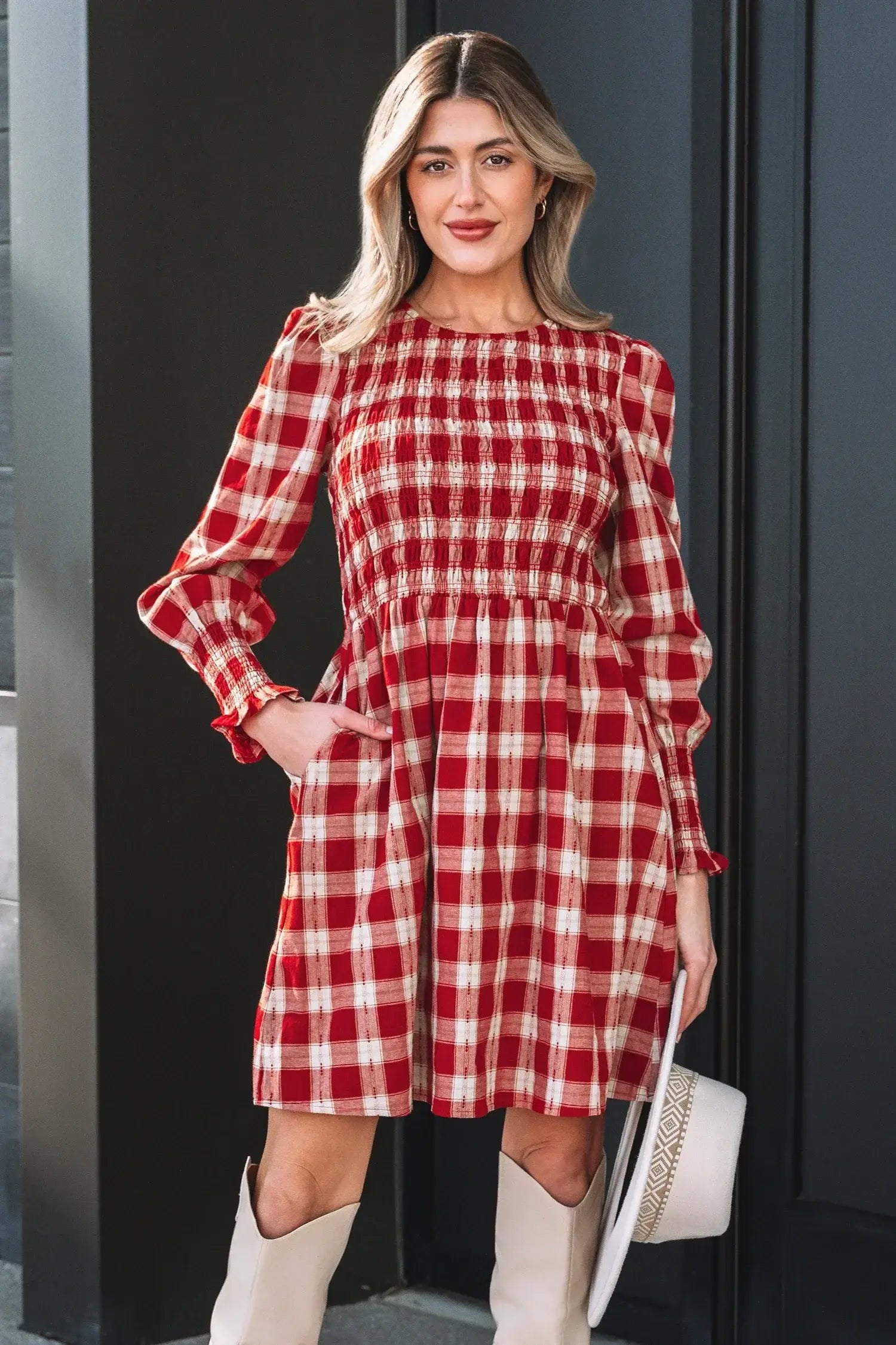 Red Plaid Print Smocked Puff Sleeve Mini Dress - Sweet Fashion Wholesale