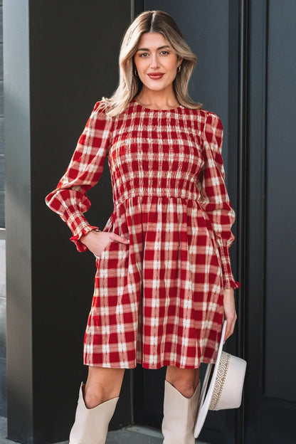 Red Plaid Print Smocked Puff Sleeve Mini Dress - Sweet Fashion Wholesale