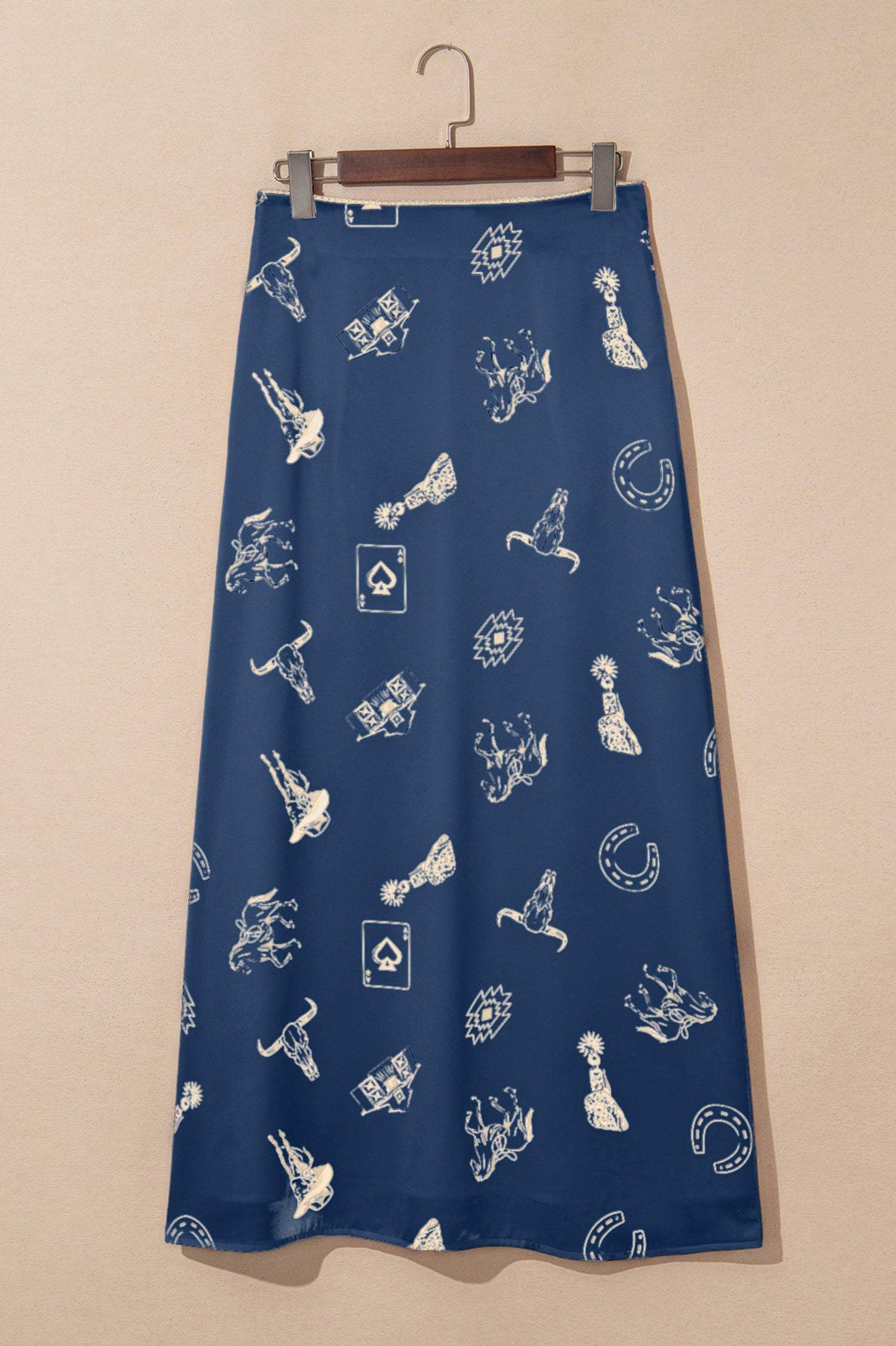 Navy Blue Western Print Satin Long Skirt