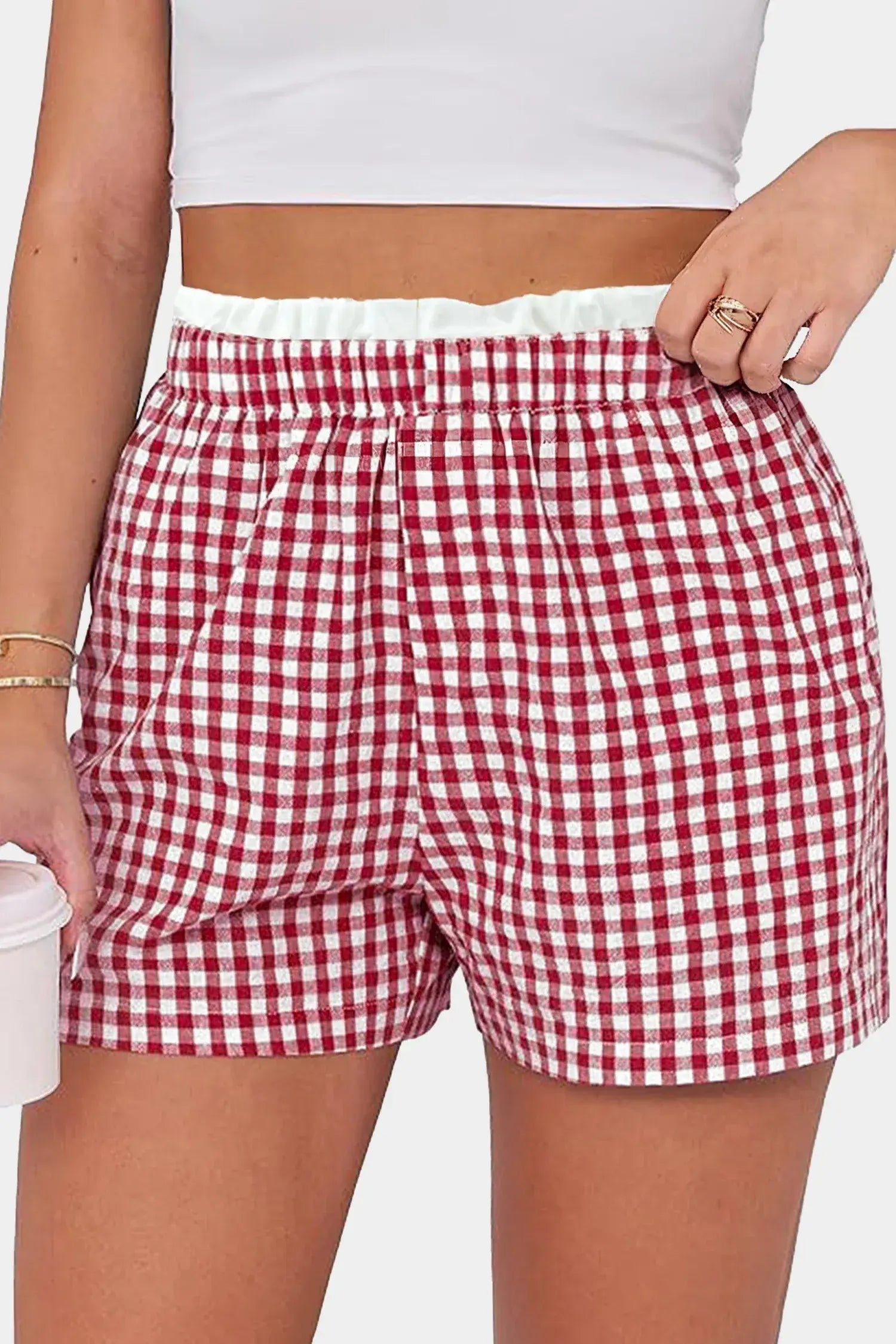 Red Contrast Trim Plaid Print Plus Size Shorts - Sweet Fashion Wholesale