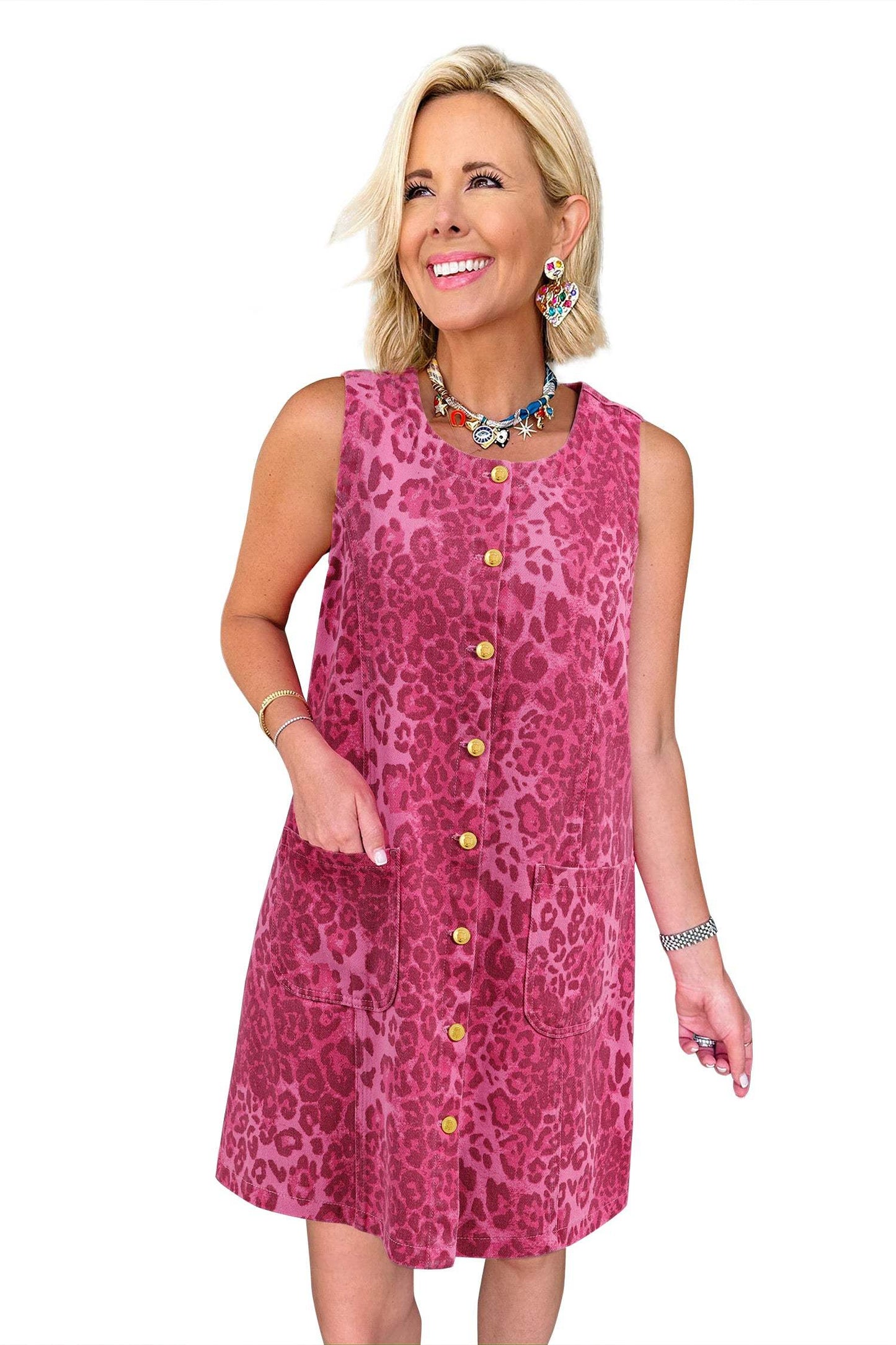 Pink Leopard Denim Buttoned Shift Sleeveless Dress