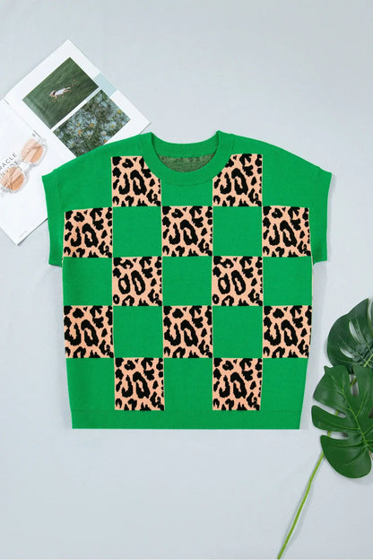 Red Plus Size Leopard Contrasted Checkered Short Sleeve Sweater - Sweet Fashion Wholesale