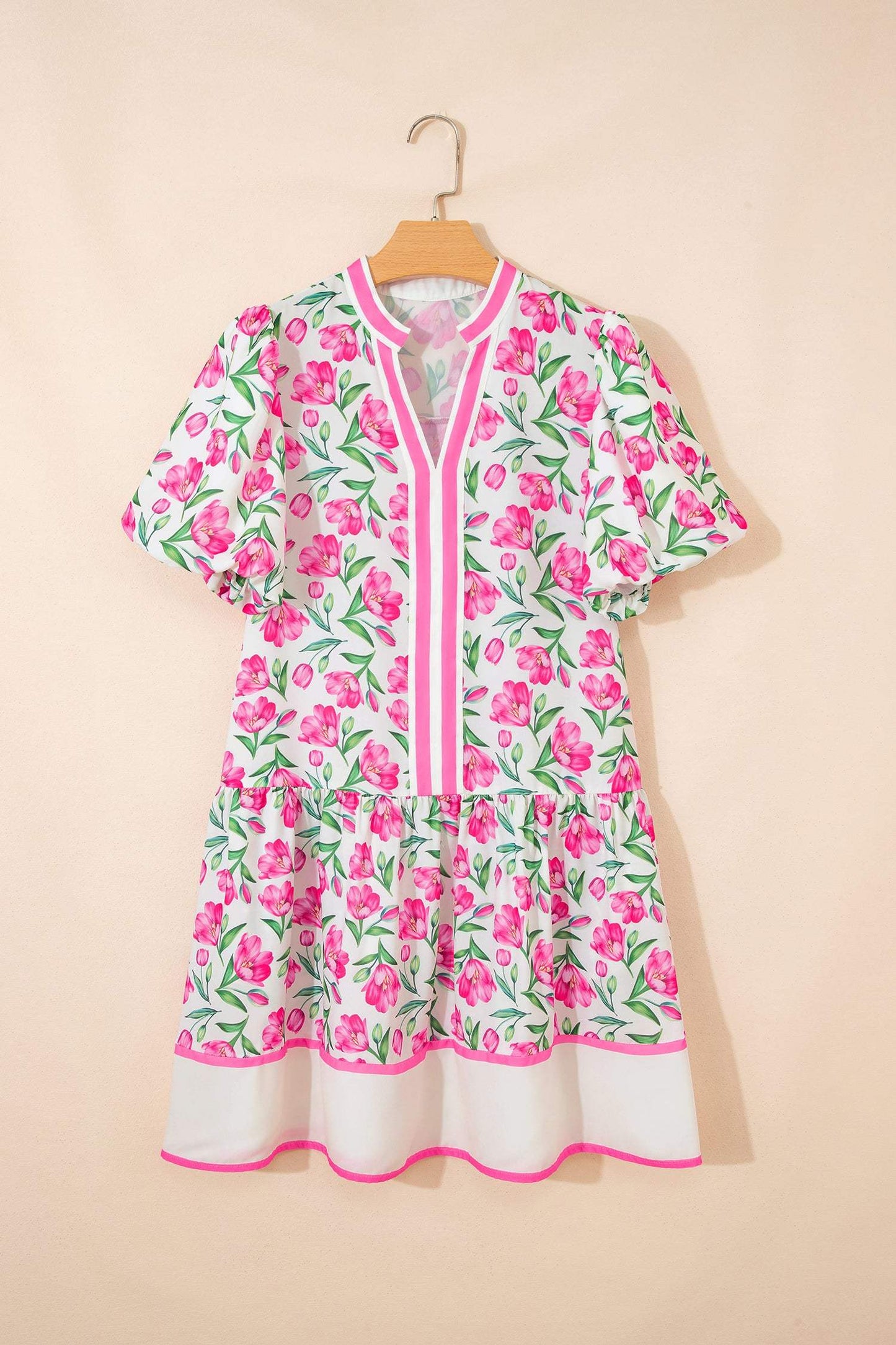 Multicolour Sweet Floral Print Striped Color Block Trim Short Dress