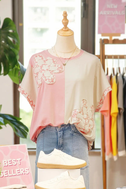 Apricot Color Block Flower Patched Loose T Shirt - Sweet Fashion Wholesale